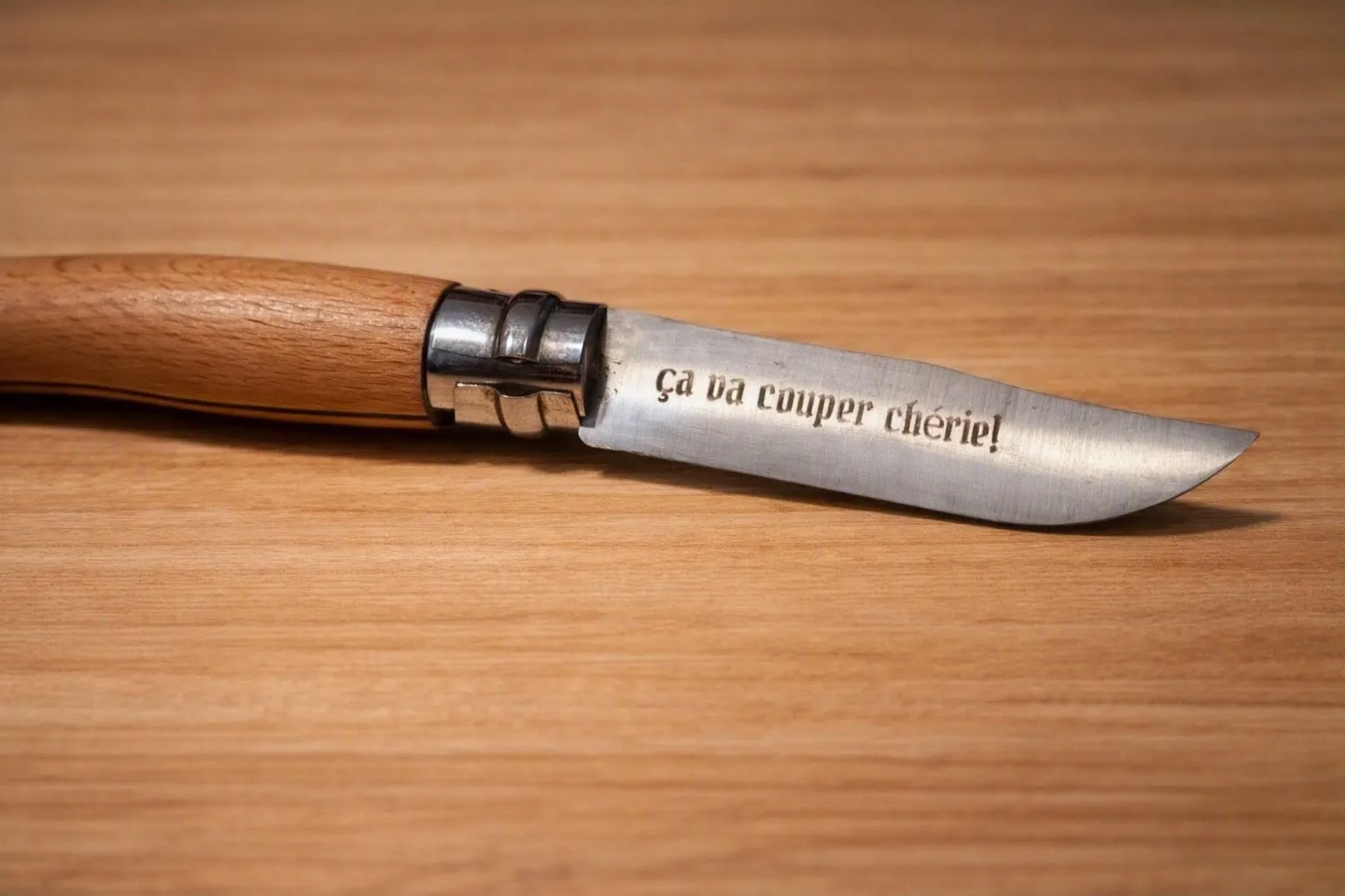 Lame de couteau pliant gravée au laser de l'inscription « ça va couper chérie ! »