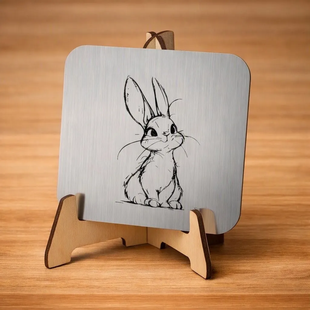 Plaque en acrylique argenté brossé gravée d'un lapin au trait, présentée sur un chevalet en bois
